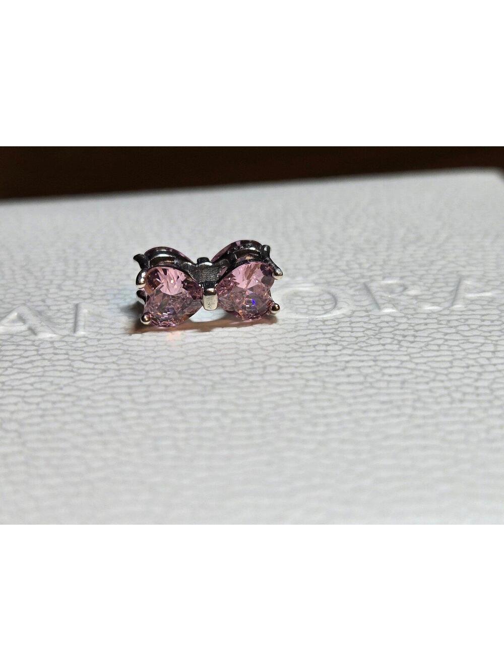 pandora Sterling Silver Pink Stone Bow Shaped Jewelry Charm Bead